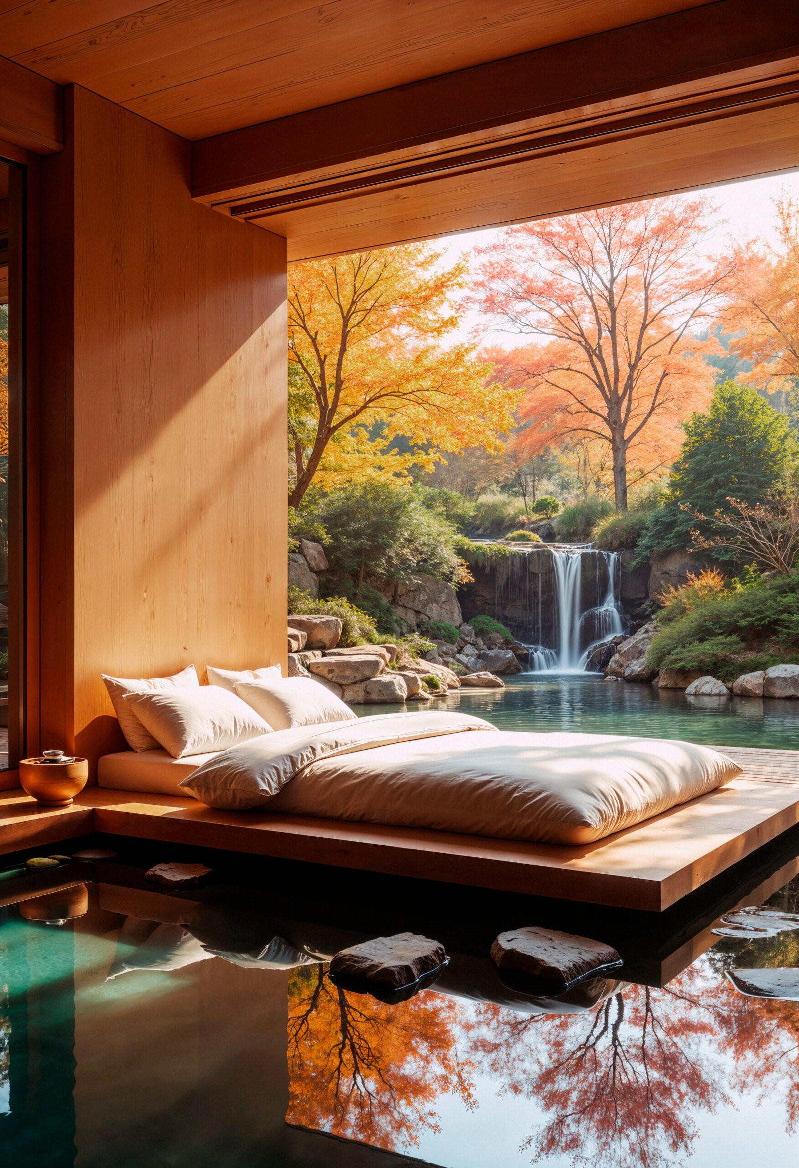 serene bedroom oasis with waterfall view